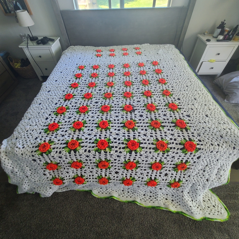 Handmade Crochet Twin Coverlett with Red and Green Floral Design